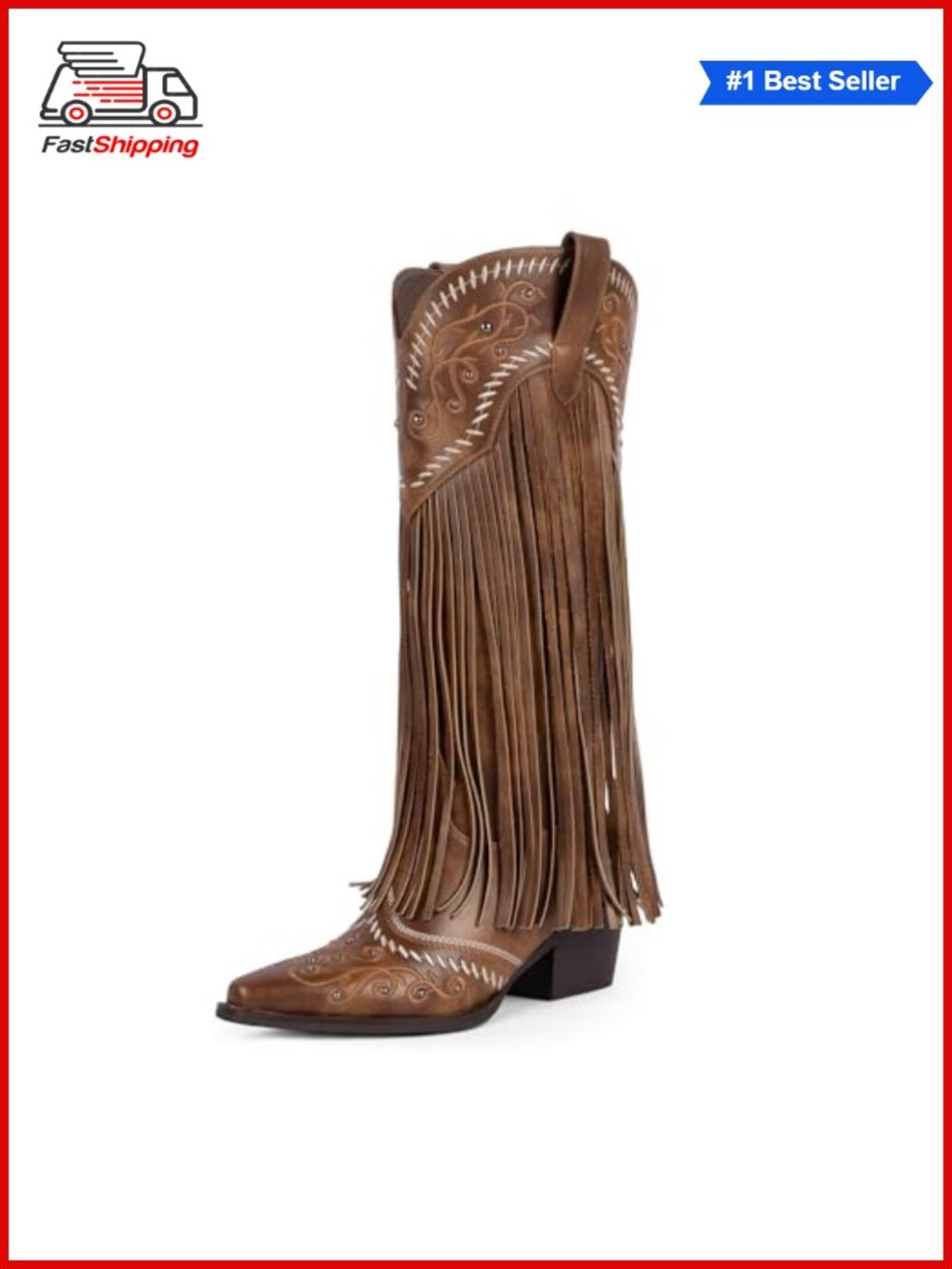 ✨ Fringe Cowboy Boots Knee High Western Pointed Toe Chunky Heel Faux Leather